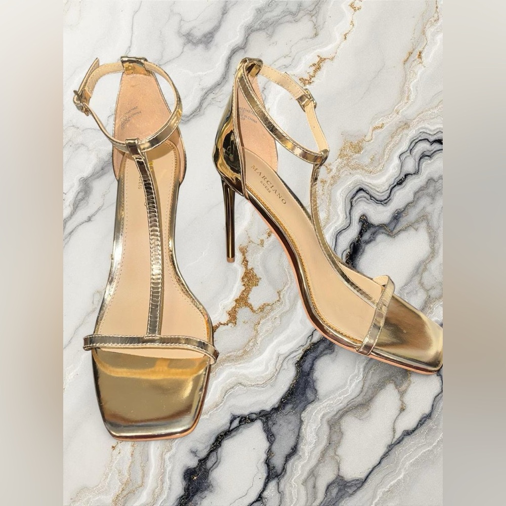 Marciano Shiny Gold Strappy Heels